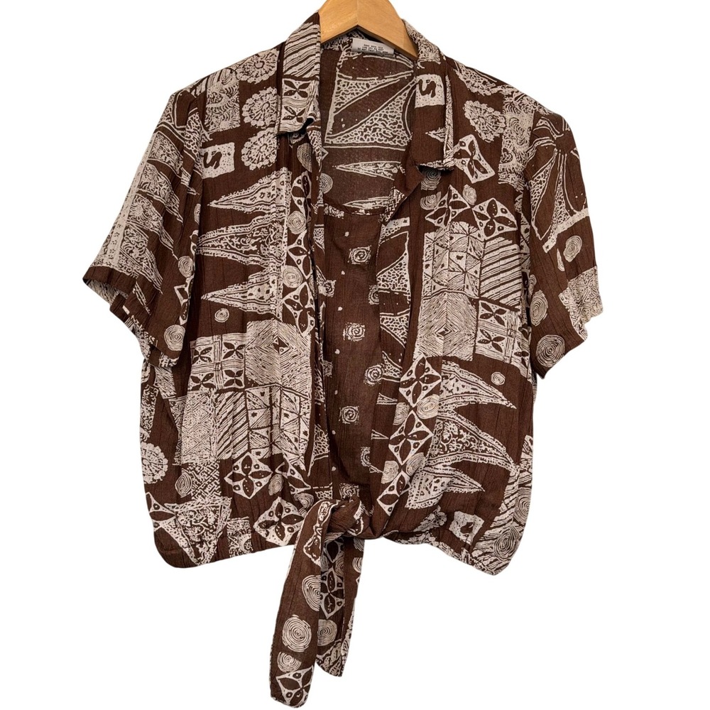 Vintage Alfred Dunner Vintage Brown White Abstract Print Tie Front Shirt XL 16